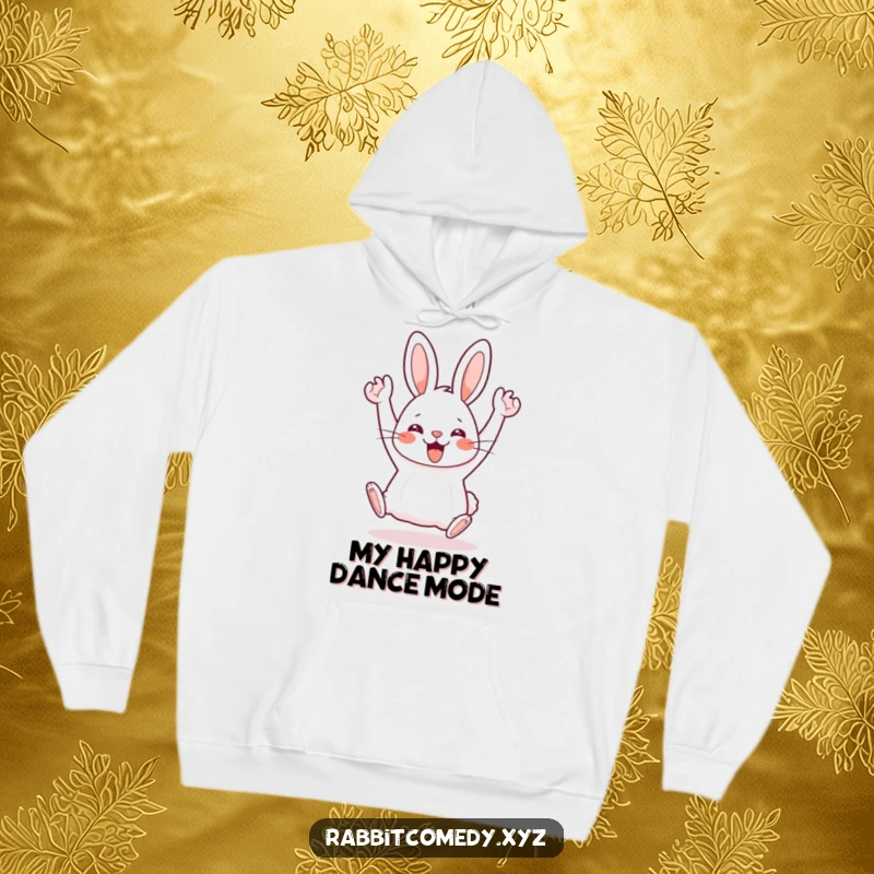 Funny Kawaii rabbit captured mid-silly hop with arms enthusiastically in the air, radiating pure joy on this hoodie.