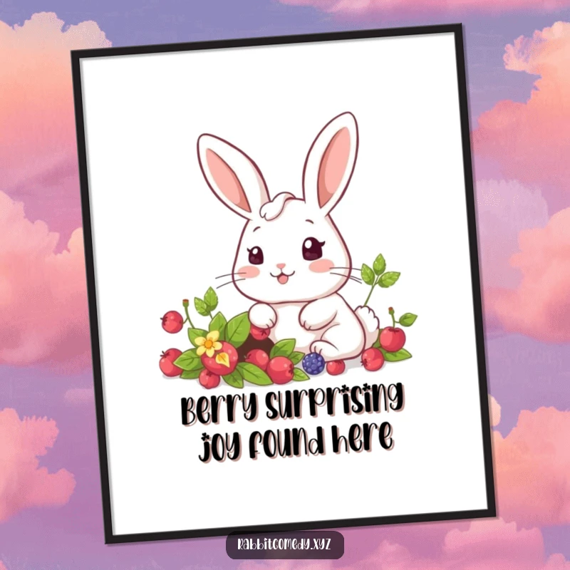 Funny Free Printable Wall Art: Kawaii rabbit with a look of pure astonishment finding a secret, abundant berry patch.