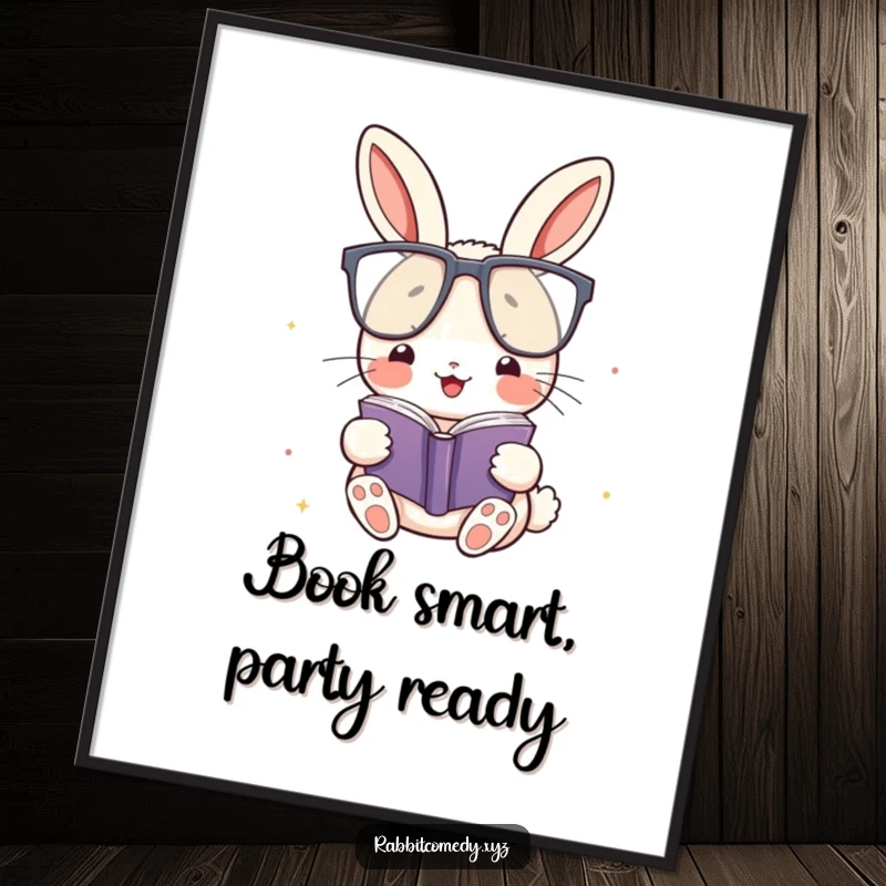 Funny free printable wall art of a kawaii rabbit wearing oversized glasses, engrossed in reading a tiny book.