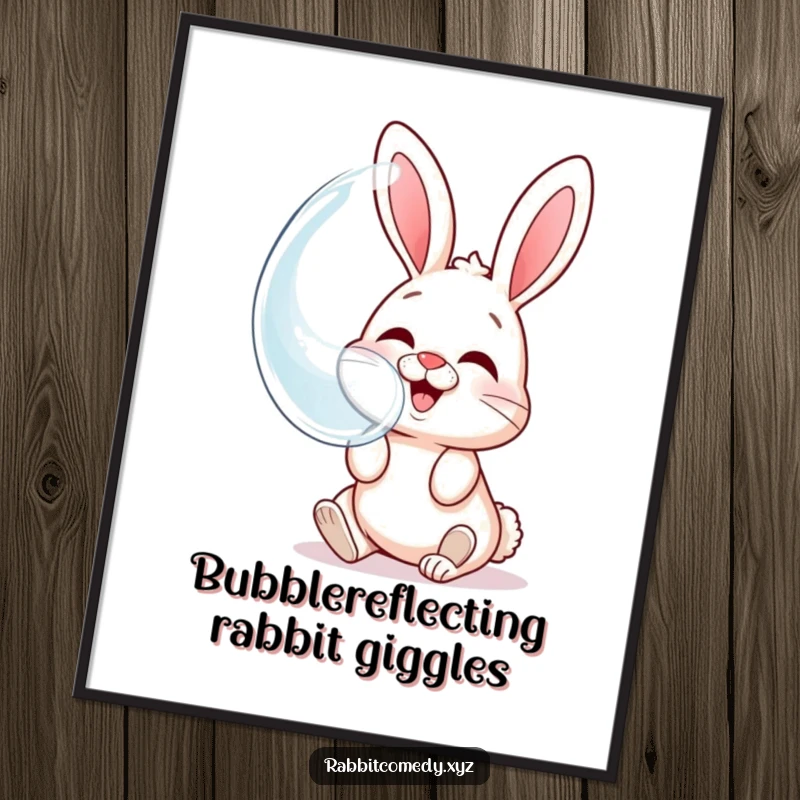 Funny Free Printable Wall Art: A giggling rabbit character blowing an oversized, shimmering bubble with its reflection visible.