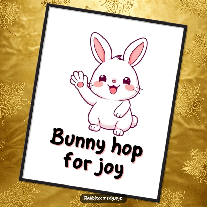 Funny Free Printable Wall Art: Adorable kawaii rabbit happily giving a big, joyful wave with its paw, radiating cuteness.
