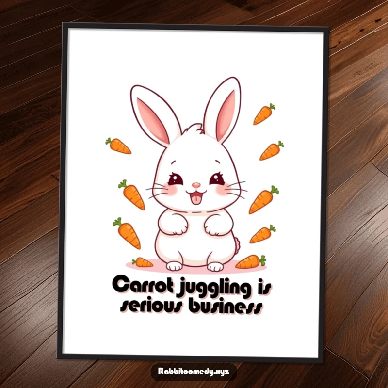 Funny Free Printable Wall Art: A sly kawaii rabbit with a wide, mischievous grin juggling several small carrots.