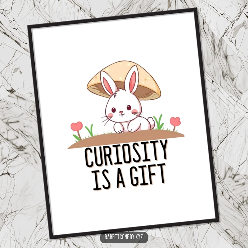 Free Printable Wall Art: a curious rabbit with twitching whiskers peeking out from beneath a large, colorful mushroom.