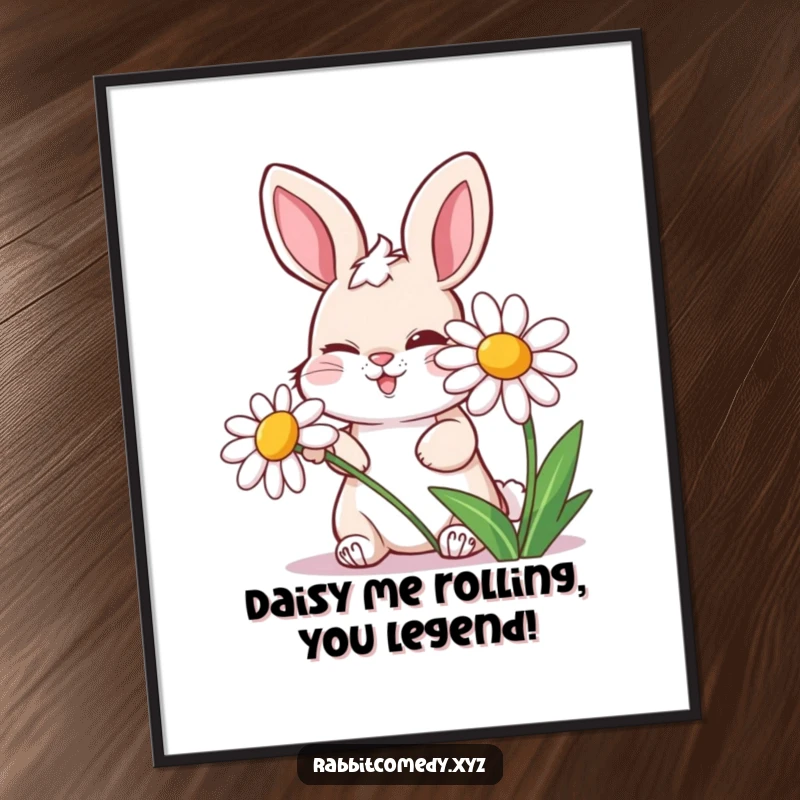 Funny Free Printable Wall Art: Mischievous rabbit winking from behind a daisy that's laughing heartily.