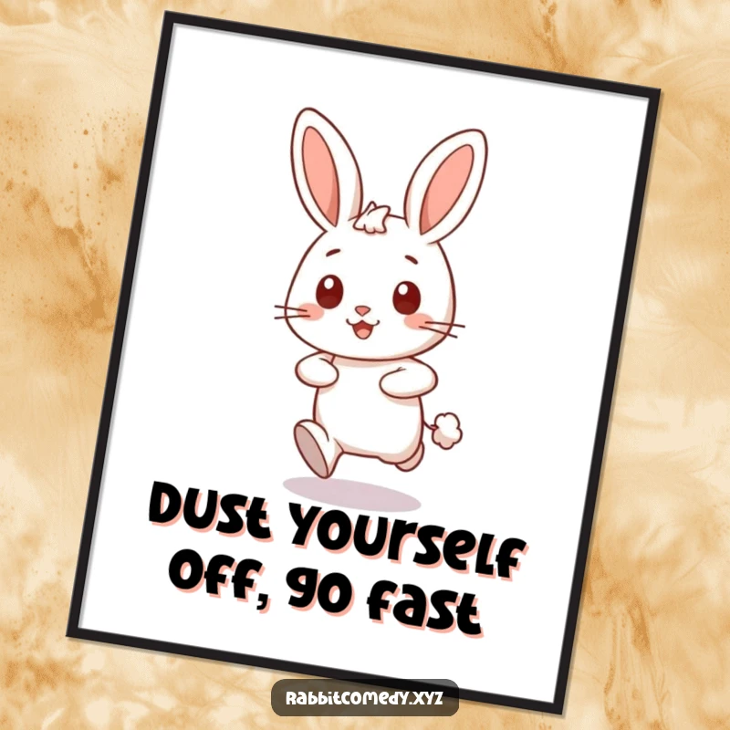 Funny Free Printable Wall Art: A happy rabbit character dashes forward, kicking up a small puff of dust behind.