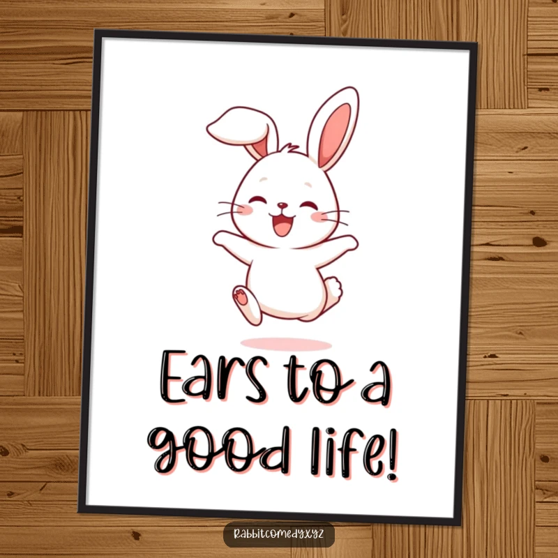 Funny Free Printable Wall Art: A cute rabbit character joyfully hops with ears flopping, adding cheerful and humorous vibes to decor.