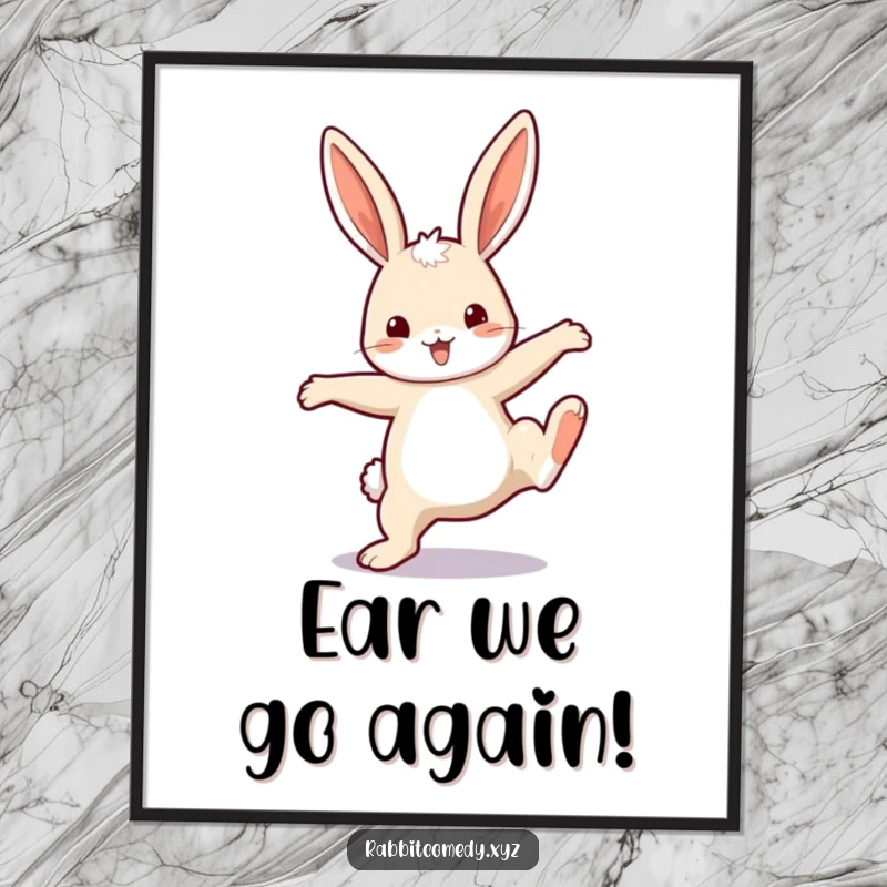 Funny free printable wall art of a gleeful rabbit doing a cartwheel, its long ears captured mid-air.