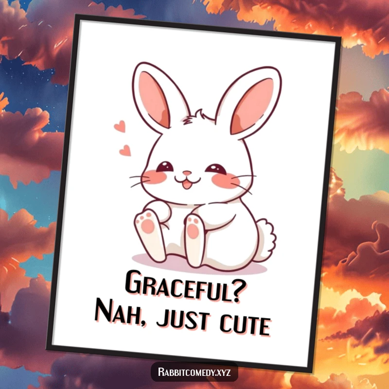 Funny Free Printable Wall Art: A Kawaii rabbit comically trips and blushes, creating a humorous and endearing scene.