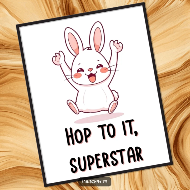 Funny Free Printable Wall Art: A super happy kawaii rabbit doing a silly, energetic hop with arms raised high in pure delight.