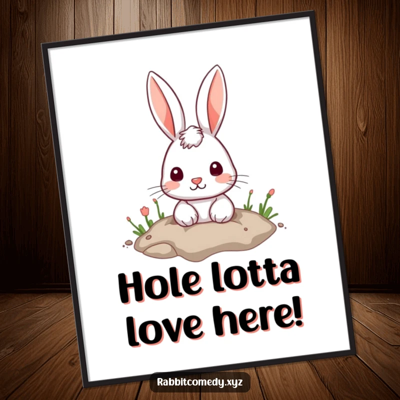 Funny free printable wall art of a cute rabbit peeking its head out from a dug hole.