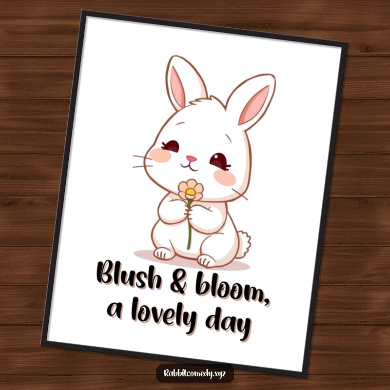 Funny Free Printable Wall Art: A shy rabbit with a lovely blush offers a single, delicate flower, radiating gentle charm.