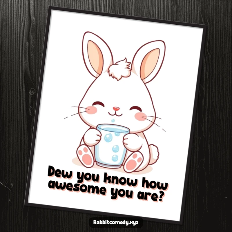 Funny Free Printable Wall Art: A cute kawaii rabbit with a contented smile, blissfully enjoying a refreshing dewdrop drink. Calm downloadable art.