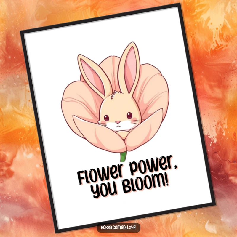 Funny Free Printable Wall Art: Curious rabbit peeking from a giant flower bud, adding whimsical charm.