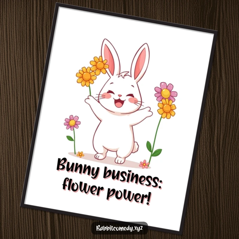 Funny Free Printable Wall Art: A happy rabbit character joyfully juggling three colorful wildflowers, a whimsical addition.