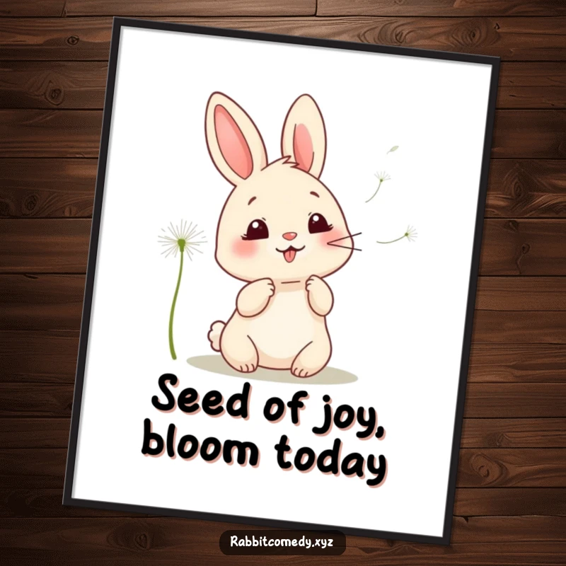 Funny Free Printable Wall Art: A giggling kawaii rabbit gleefully blowing dandelion seeds into the wind. Whimsical downloadable art.