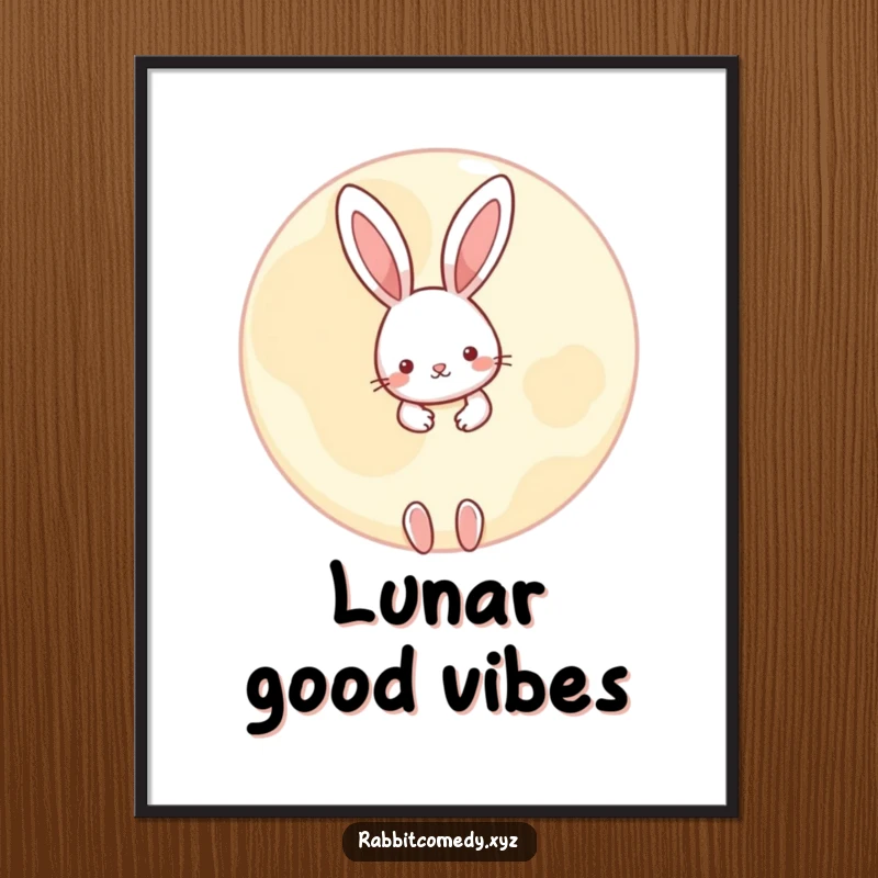 Funny Free Printable Wall Art: A little rabbit playfully peeking from behind a large, round moon.