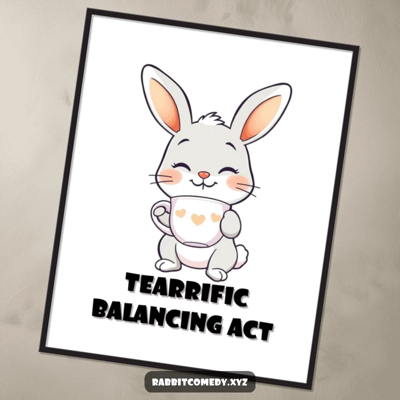 Funny Free Printable Wall Art: A smiling rabbit balancing a delicate teacup on its nose.