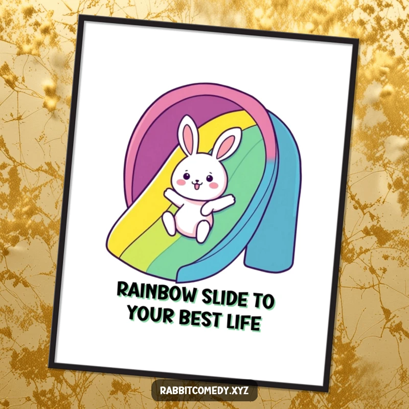 Funny free printable wall art of a kawaii rabbit gleefully sliding down a bright and colorful rainbow slide.