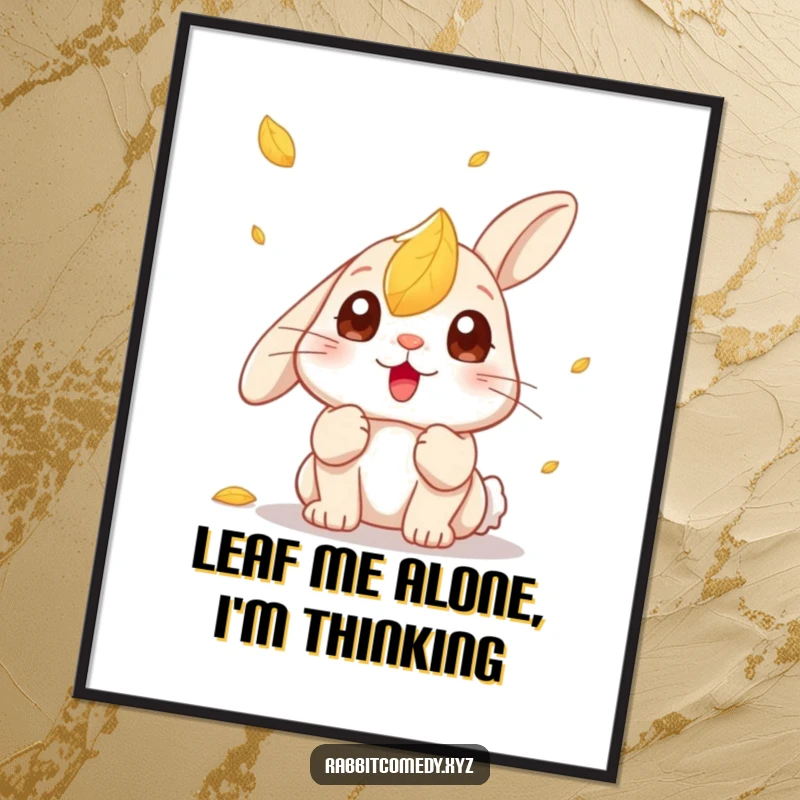 Funny Free Printable Wall Art: Kawaii rabbit surprised by a falling leaf, eyes wide open, a humorous and endearing piece.