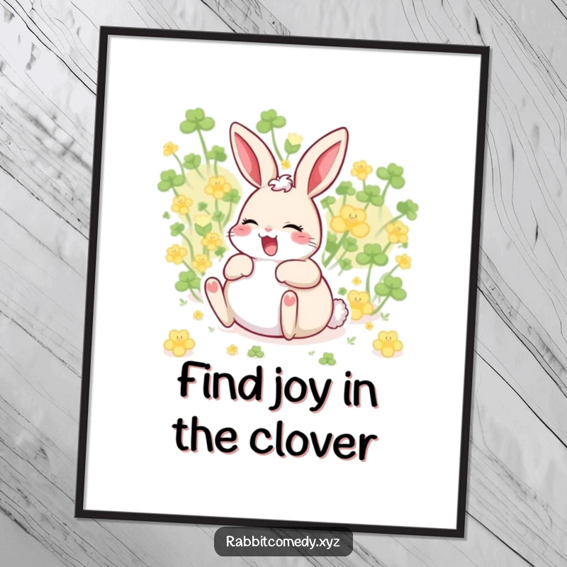 Free Printable Wall Art: a rabbit with its belly up, legs to the sky, giggling uncontrollably while rolling in a clover patch.