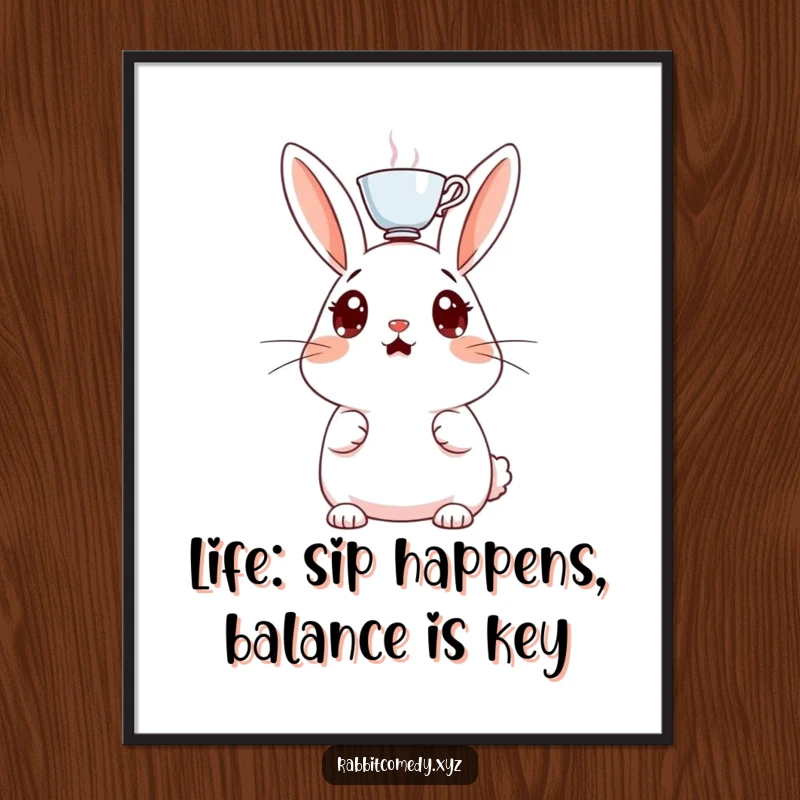 Funny Free Printable Wall Art: A surprised rabbit with wide eyes, a tiny teacup balanced on its head.