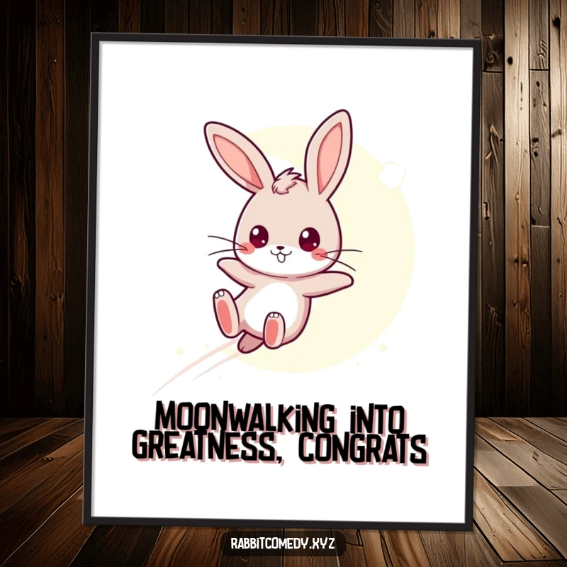 Funny free printable wall art of a determined kawaii rabbit leaping boldly over a radiant moonbeam.