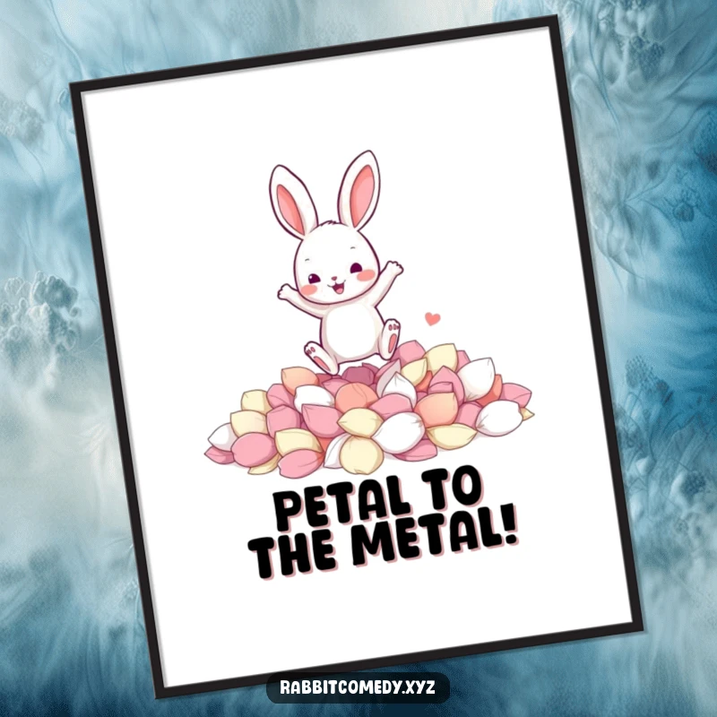 Funny Free Printable Wall Art: Rabbit mid-jump landing in a luxurious pile of soft, colorful petals, playful decor.