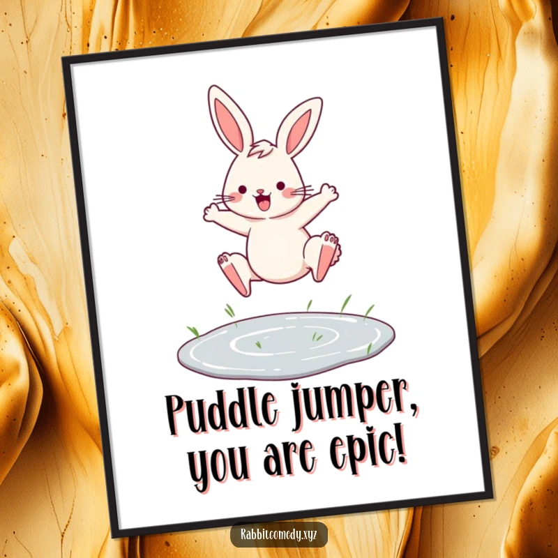 Funny Free Printable Wall Art: Determined rabbit mid-leap over a small puddle, showcasing impressive agility.