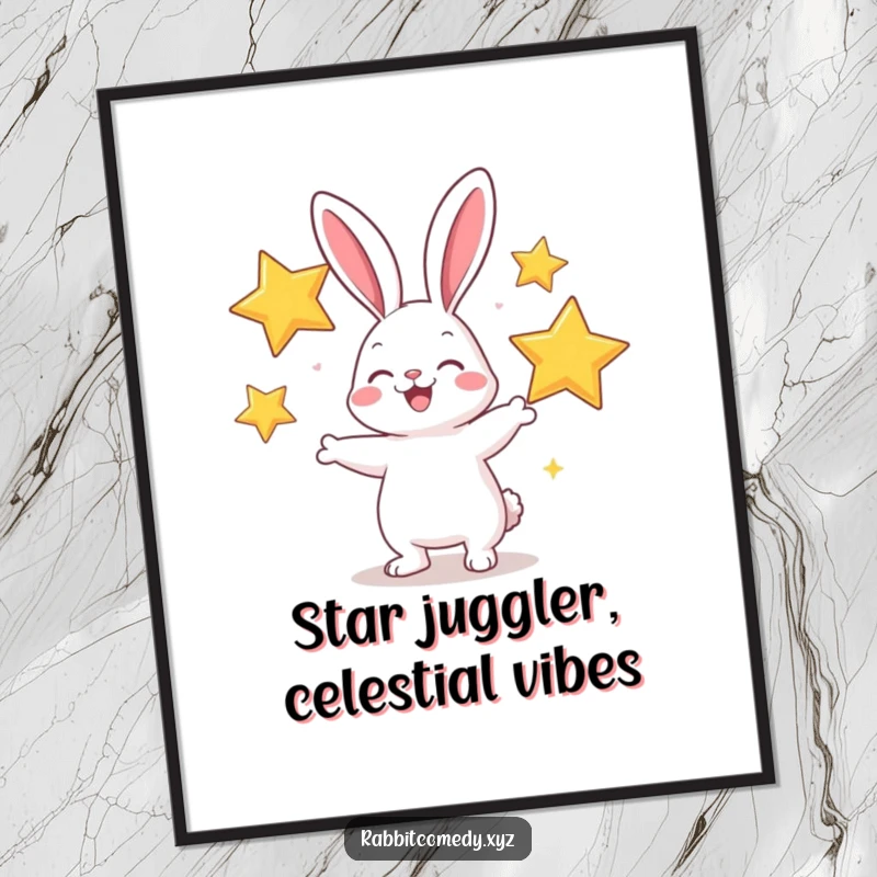 Funny Free Printable Wall Art: A cheerful rabbit artistically juggling large, shimmering stars, creating a magical scene.