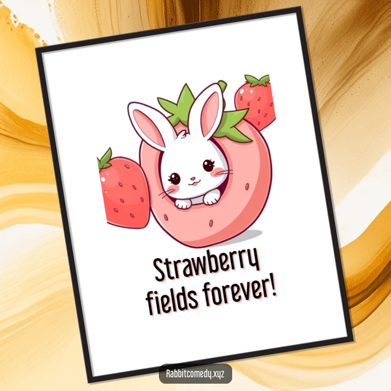 Funny Free Printable Wall Art: Adorable kawaii rabbit peeking out from a hole in a giant, vibrant strawberry, bringing sweet charm.