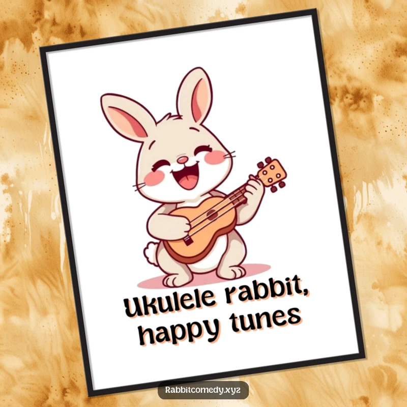 Funny Free Printable Wall Art: A happy rabbit character joyfully playing a tiny ukulele, radiating cheerfulness.