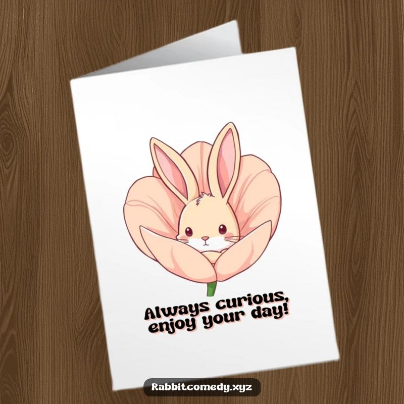 Funny Free Printable Birthday Card: Curious rabbit peeking from a huge flower bud, ready to surprise.