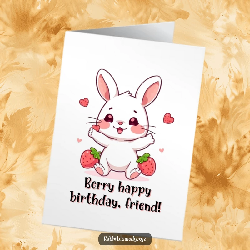 Funny Free Printable Birthday Card: A happy rabbit juggling three bright berries with intense concentration and a smile.