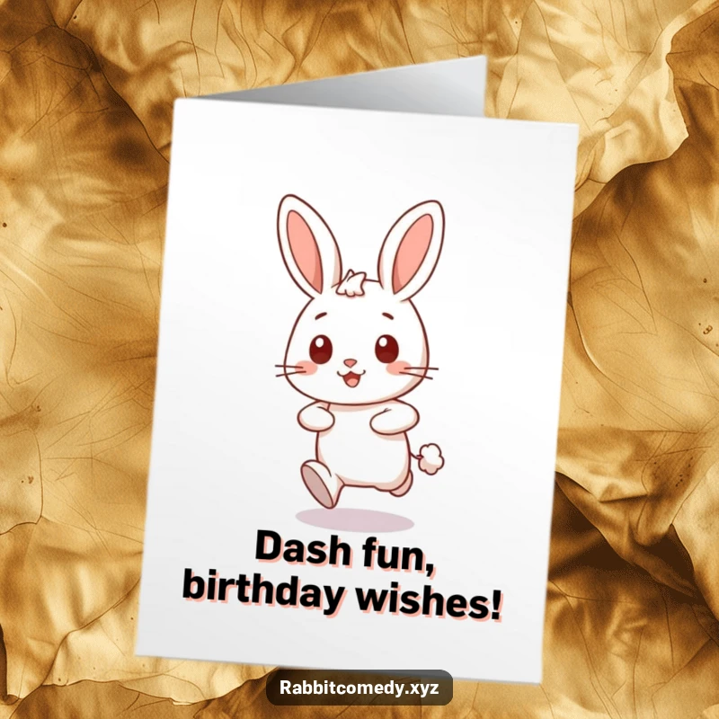 Funny Free Printable Birthday Card: A happy rabbit character dashes forward quickly, leaving a dust cloud.