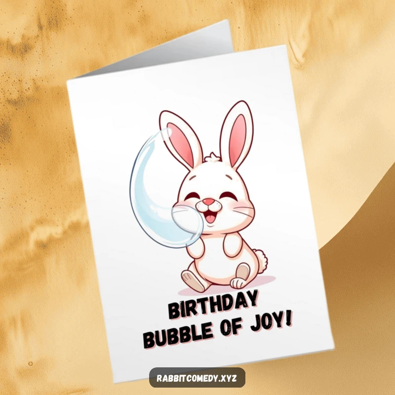 Funny Free Printable Birthday Card: A giggling rabbit blowing an enormous, iridescent bubble reflecting its joyful face.