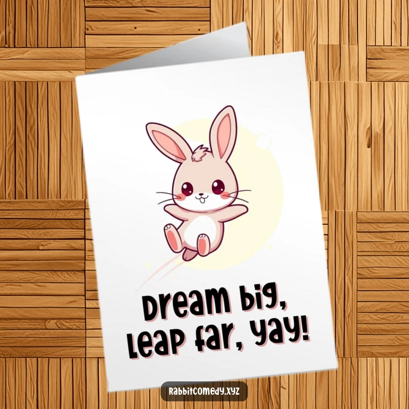 Funny free printable birthday card featuring a determined kawaii rabbit leaping bravely over a glowing moonbeam.