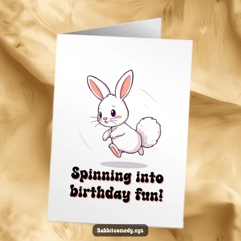 Funny Free Printable Birthday Card: Playful rabbit chasing its fluffy tail in a dizzying, comical circle.