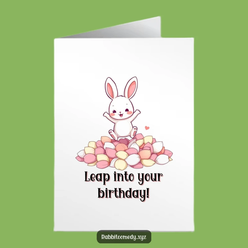 Free Printable Birthday Card: Jumping Rabbit Petals, Funny Downloadable Gift for Joyful Celebrations