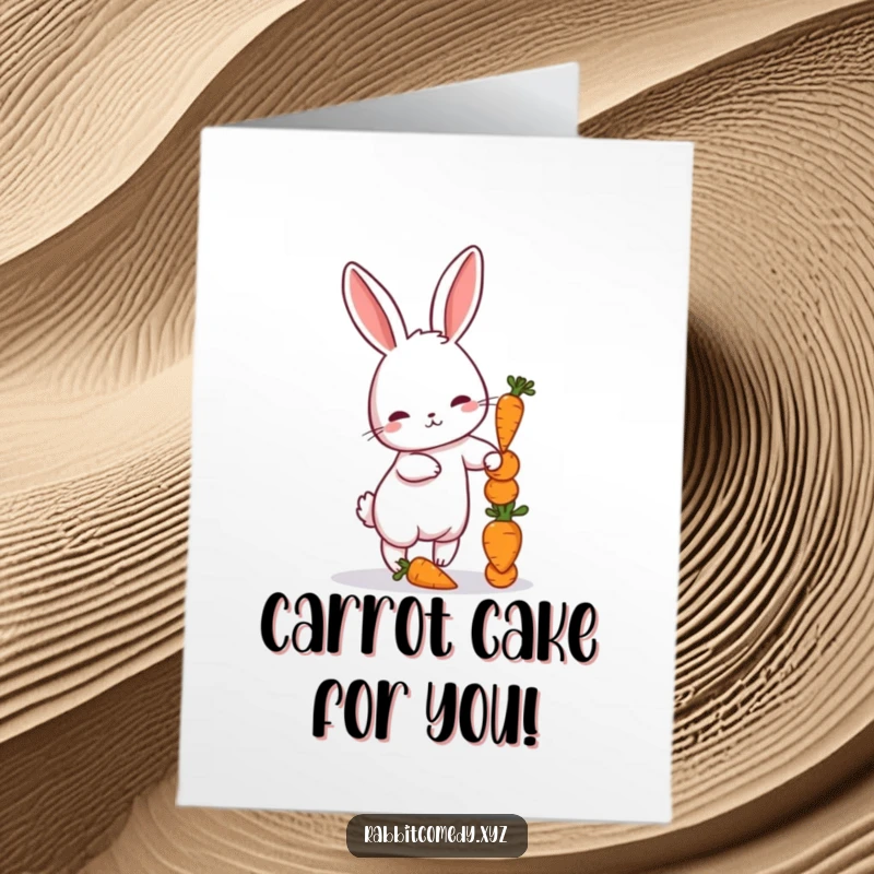 Funny Free Printable Birthday Card: Petite rabbit precariously balancing a tall stack of tiny carrots.