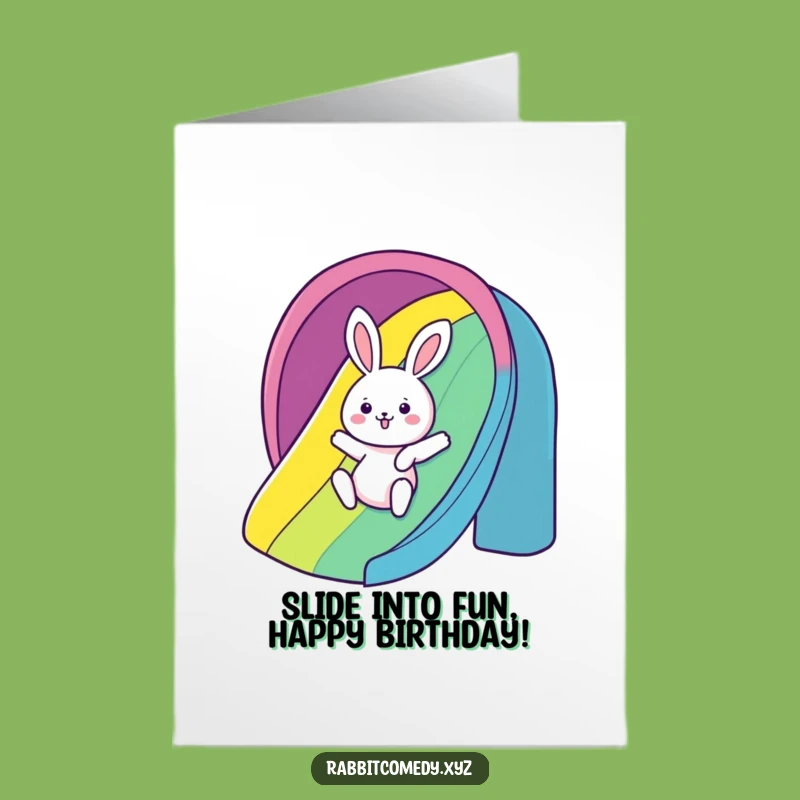 Free Printable Birthday Card: Rainbow Slide Rabbit Funny Downloadable Gift