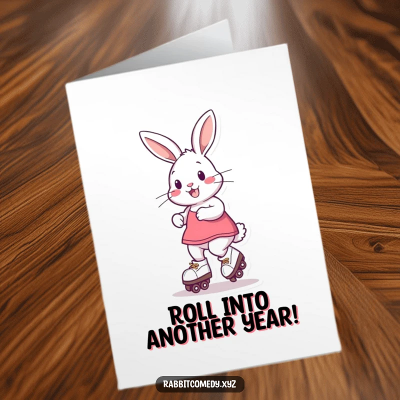 Funny Free Printable Birthday Card: A rabbit in roller skates gleefully spinning, wishing a happy birthday with speed.