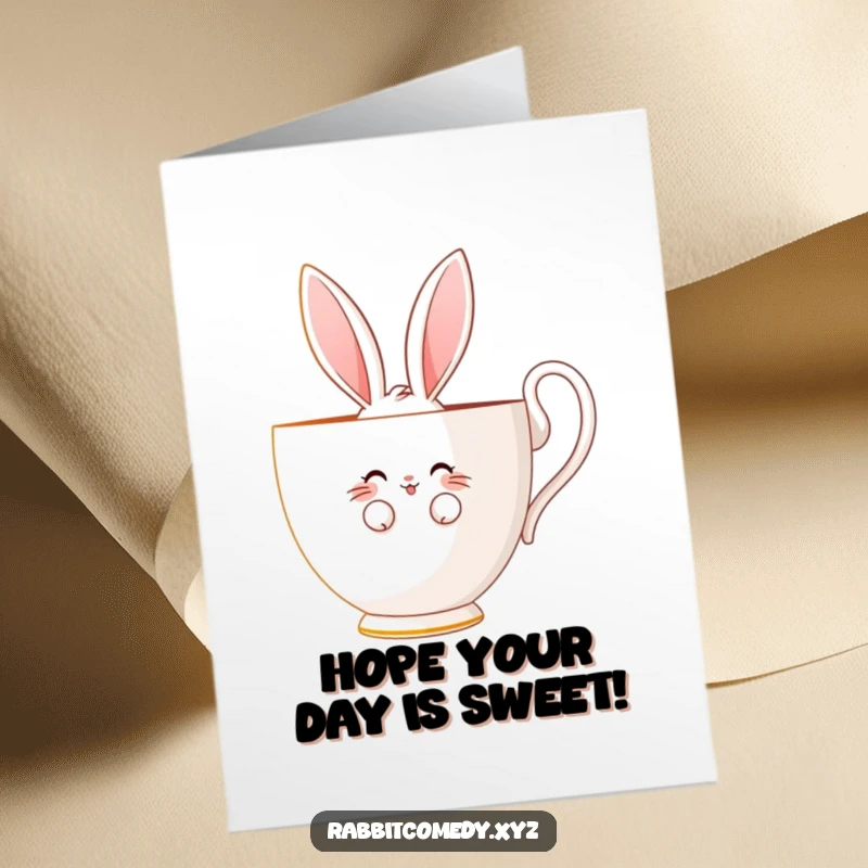 Funny Free Printable Birthday Card: Shy rabbit peeking from behind a giant teacup, bashful smile, downloadable charm.