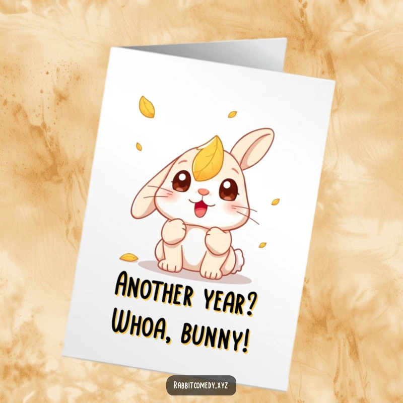 Funny Free Printable Birthday Card: Kawaii rabbit surprised by a falling leaf, eyes wide open, a humorous moment.