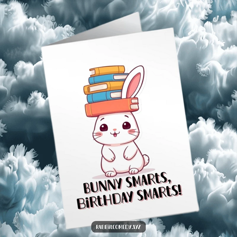 Funny Free Printable Birthday Card: A cheerful rabbit balancing a tall stack of books perfectly on its head, celebrating a birthday.