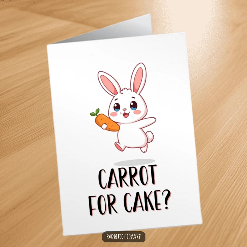 Funny Free Printable Birthday Card: A rabbit caught mid-air, eyes wide with surprise, clutching a carrot.