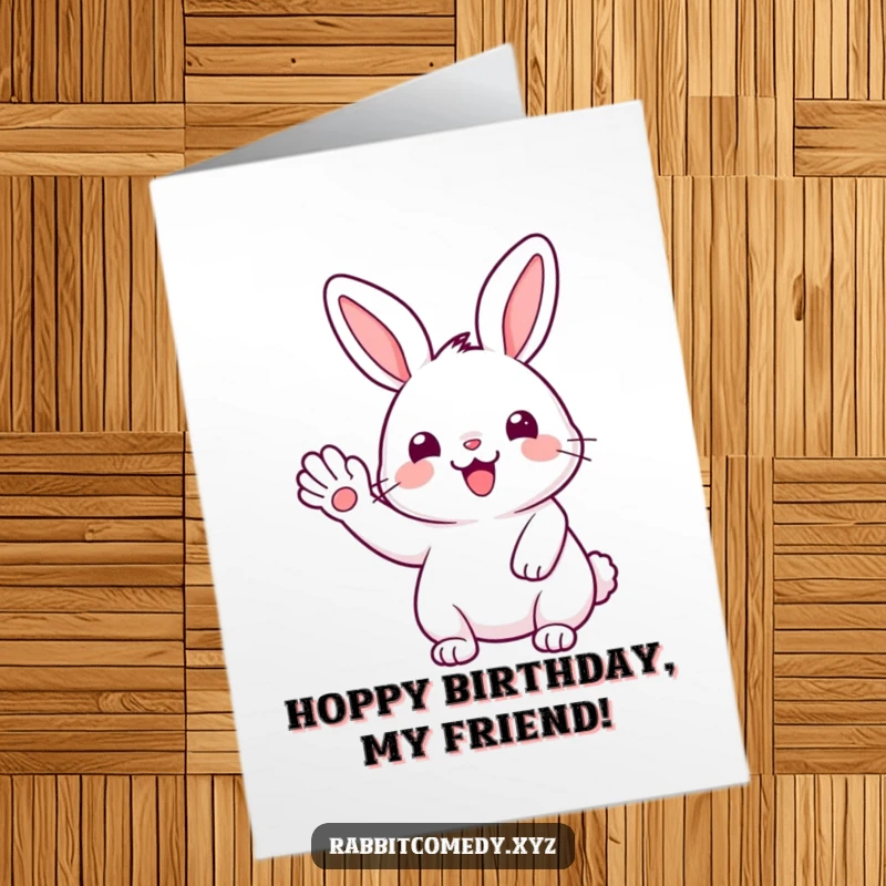 Funny Free Printable Birthday Card: Adorable kawaii rabbit with a big smile giving a happy, enthusiastic wave with its paw.