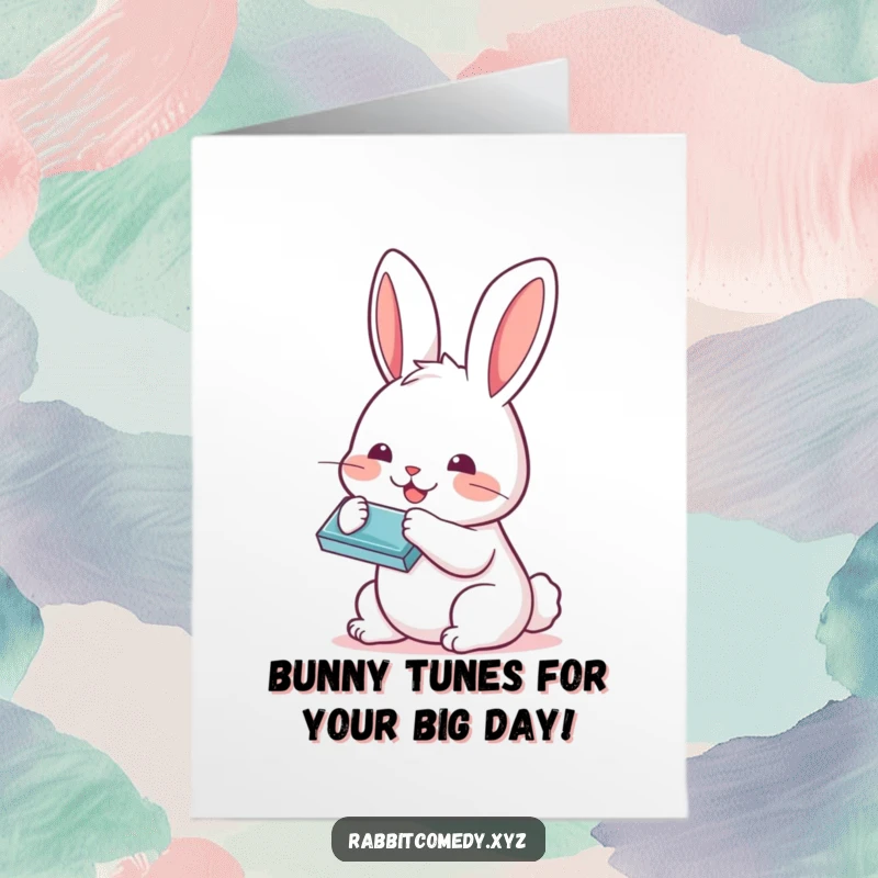 Funny Free Printable Birthday Card: A Kawaii rabbit happily plays a tiny harmonica, spreading musical cheer for a special day.