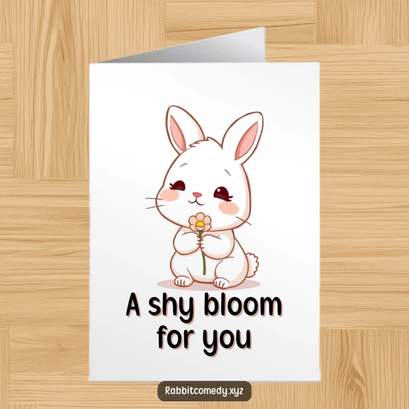 Funny Free Printable Birthday Card: A shy rabbit with a blush offers a single delicate flower, conveying sweet birthday wishes.