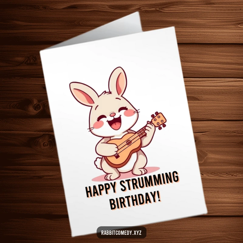 Funny Free Printable Birthday Card: A happy rabbit character strumming a miniature ukulele with an infectious wide smile.