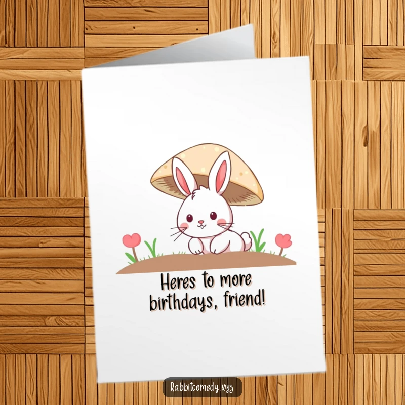 Free Printable Birthday Card: a curious rabbit with twitching whiskers peeking from under a large mushroom, full of birthday mischief.